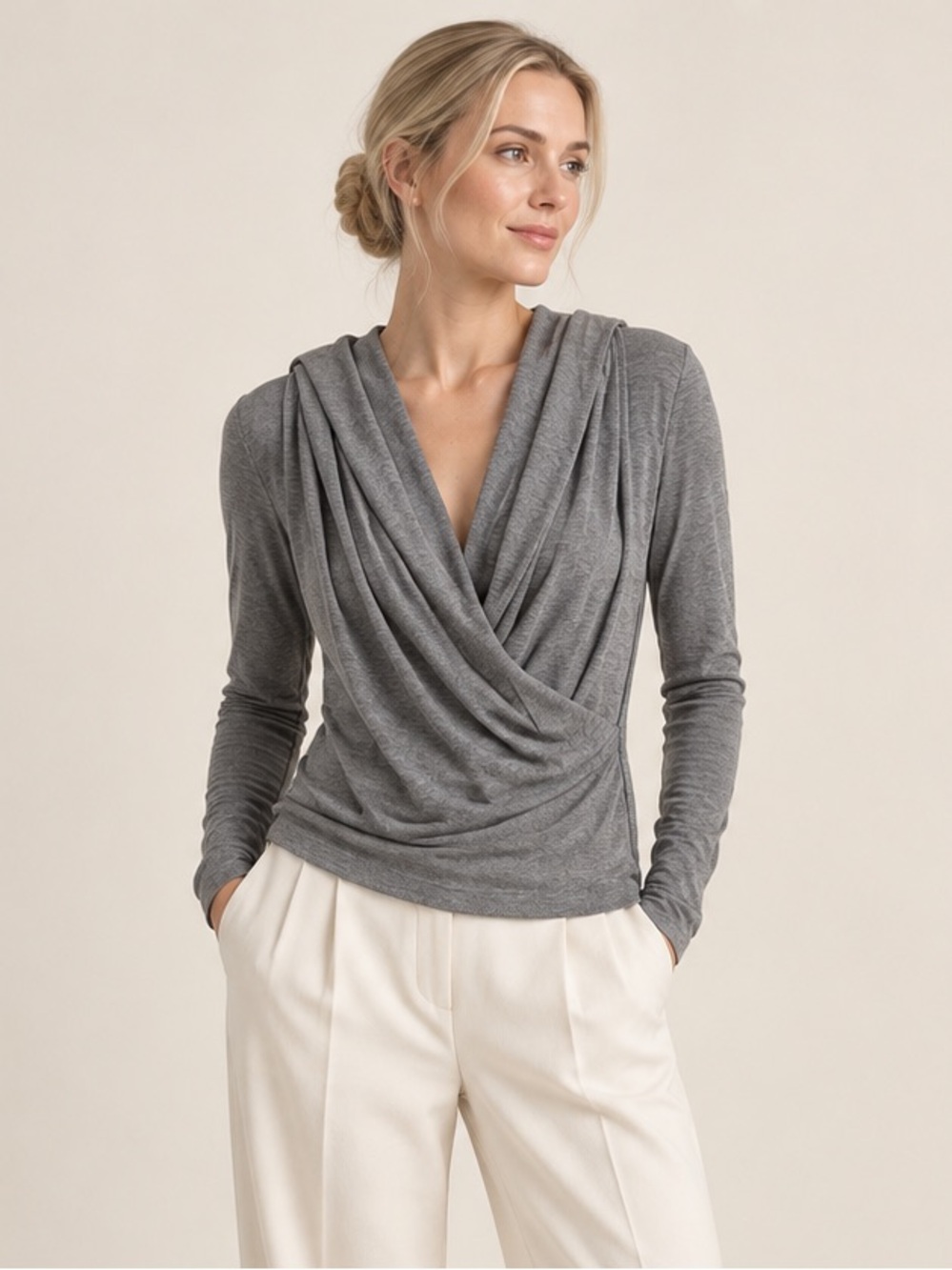 Max Mara Gray Draped Wrap Hooded Long Sleeve Top Size S
